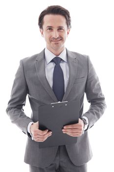 Smiling businessman with document folder isolated on white background