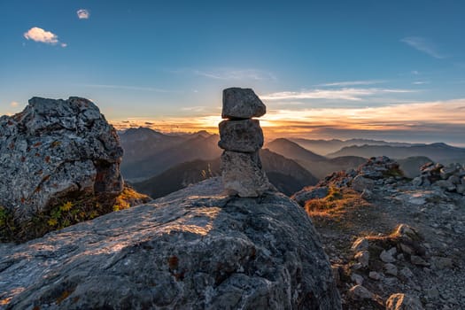 Beautiful sunset on the top of the Aggenstein in the wonderful Tannheim valley in Austria.