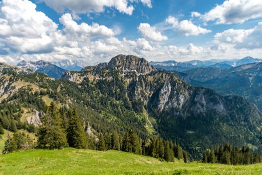 Fantastic panorama view over the Ammergau Alps in summer from the Tegelberg summit near Schwangau.