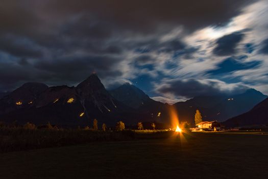 Wonderful mountain fire in Ehrwald, Lermoos near the Zugspitze, Reutte Tyrol.