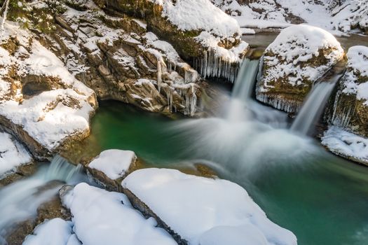 Iced waterfall in the Ostertal Tobel near Gunzesried in the Allgau