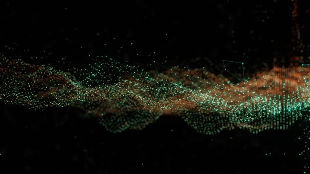 Plexus of abstract orange and green dots on a black background. Loop animations. 3D illustration