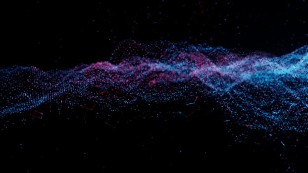 Plexus of abstract red and blue dots on a black background. Loop animations. 3D illustration