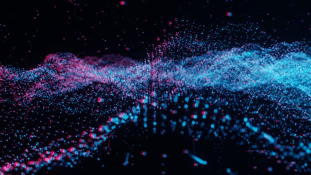 Plexus of abstract red and blue dots on a black background. Loop animations. 3D illustration