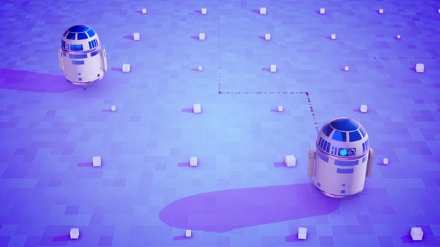 Hi-tech 3d illustration of two smart spherical droids with bright blue windows moving on the light violet surface covered with white square sensors. 