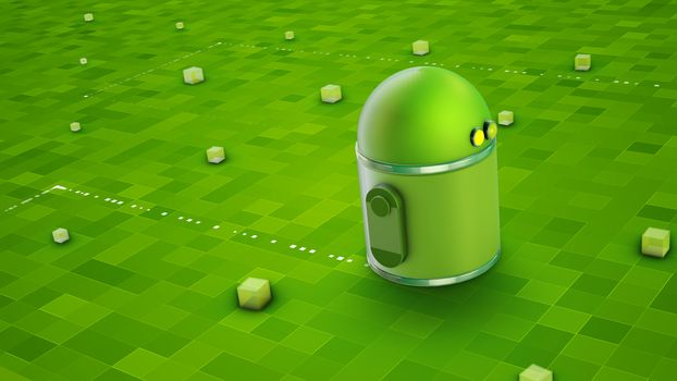Cheery 3d illustration of one droid with spherical cap, yellow windows and rotund hands standing on the light green medley floor with square sensors