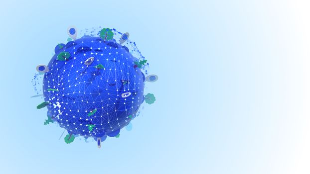 Multidimensional 3d illustration of a blue globe with modules, trees, icons, and a white grid of geolocation points circling in the white background.