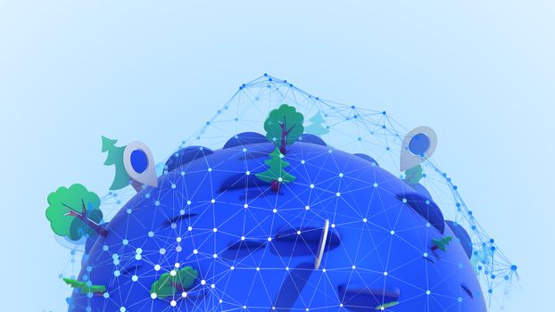 Holographic 3d illustration of a blue orb with a white net of geolocation points, green trees, white signs and blue modules in the white backdrop.