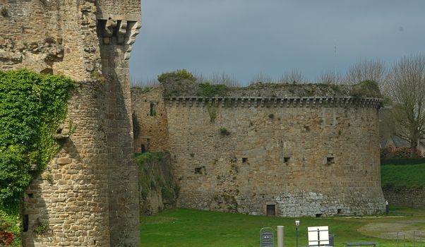 Close up view on big old stone tower at Dinan, France