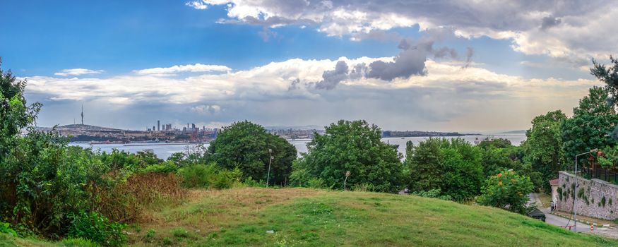 Istambul, Turkey – 07.13.2019. View of the Golden Horn from Topkapi Park on a cloudy summer day