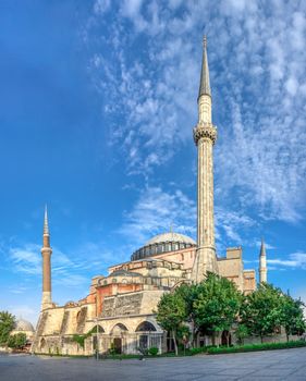 Istambul, Turkey – 07.13.2019. Minarets of the mosque of Hagia Sophia in Sultan Ahmed Park, Istanbul, Turkey, on a sunny summer morning