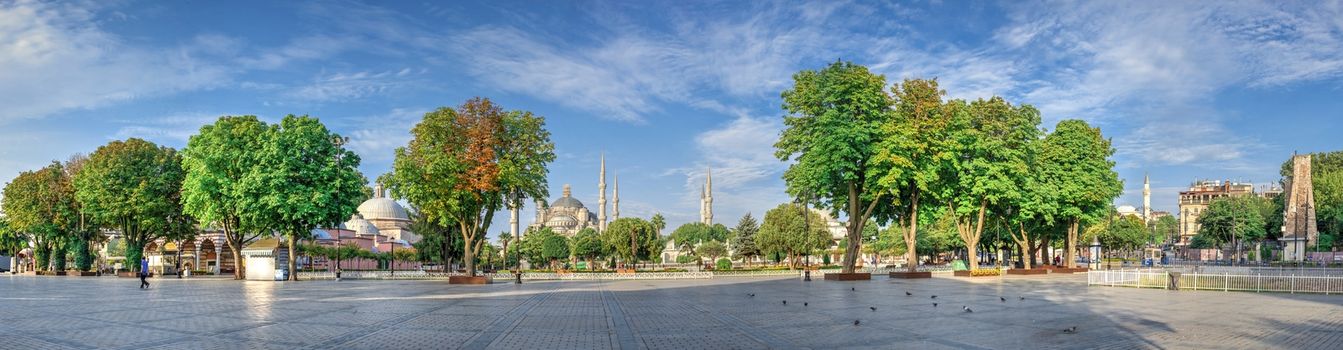 Istambul, Turkey – 07.13.2019. Many tourists walk around Sultan Ahmet Park on the site of a former Hippodrome in Istanbul, Turkey, on a sunny summer morning