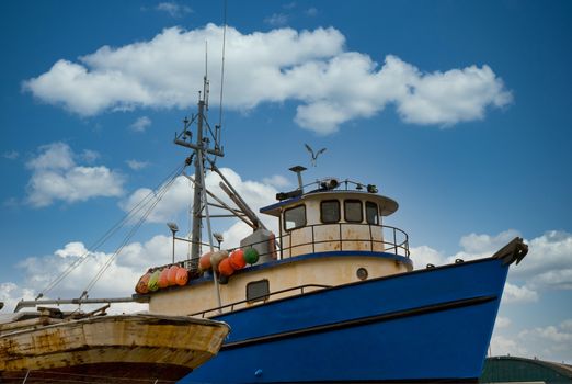 An old blue tugboat in dry dock with a seagull flying over