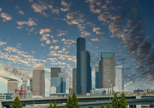 The downtown skyline of Seattle and blue sky