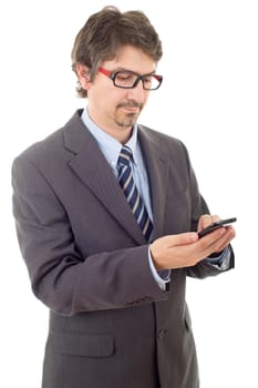 young business man looking worried to his phone, isolated