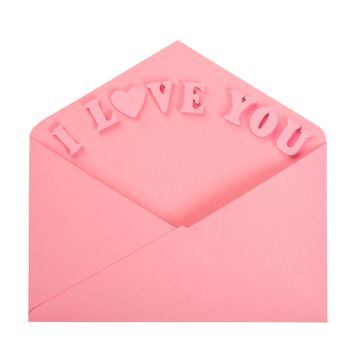 Pink love letter and wooden painted I love you letters isolated on white background