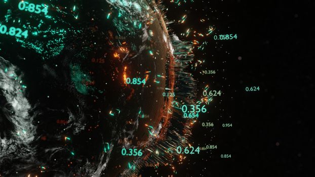 Abstract futuristic planet Earth surrounded by virtual elements. Dots, numbers and lines. Element of this image furnished by NASA. 3D rendering. Technology concept