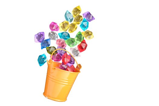 precious stones artificial color in bucket on white background