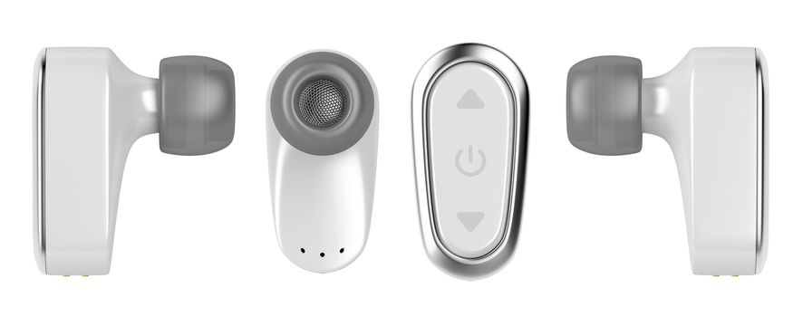 Front, side and back view of wireless in-ear earphones