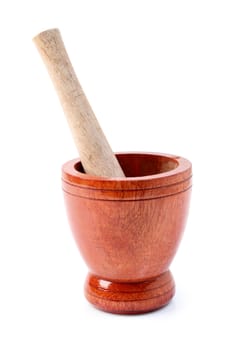Wooden mortar and pestle isolated on white background, clipping path.