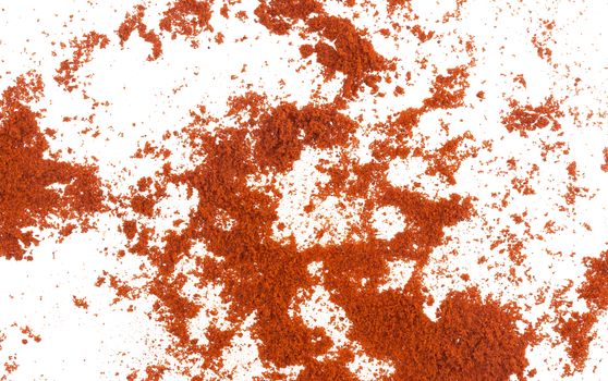 Scattered red paprika powder isolated on white background, top view