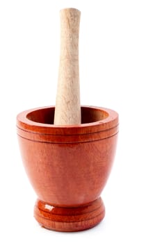 Wooden mortar and pestle isolated on white background, clipping path.