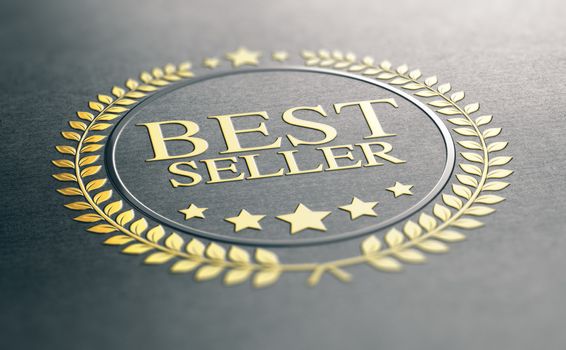 3D illustration of a golden best seller award over black paper background