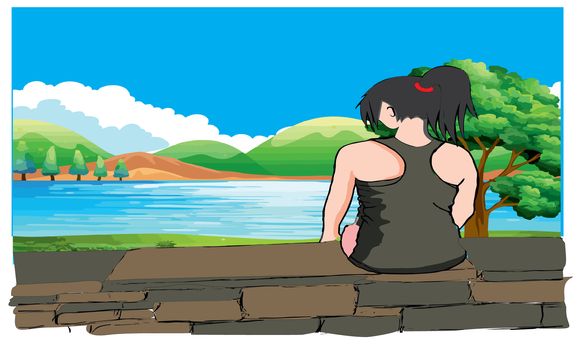 a sad cute lady sitting on river bank and waiting for her partner