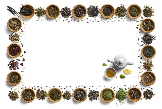 Large assortment of tea on a white background. The view from the top.