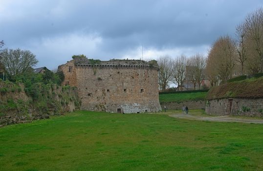 View on big old stone tower at Dinan fortress, France