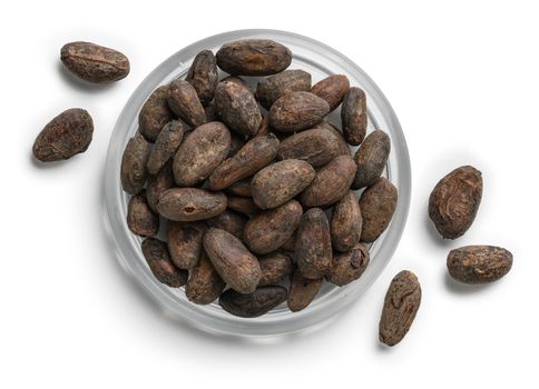 Cocoa beans on a white background. The view from the top.