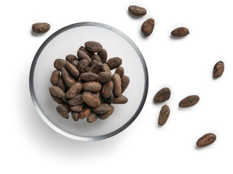 Cocoa beans on a white background. The view from the top.