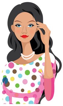 girl have a nice dress and necklace with black hairs