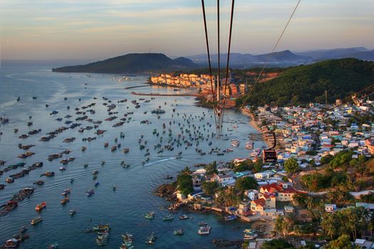 Aerial view of a group of boats at sea in Vietnam, Phu Quoc