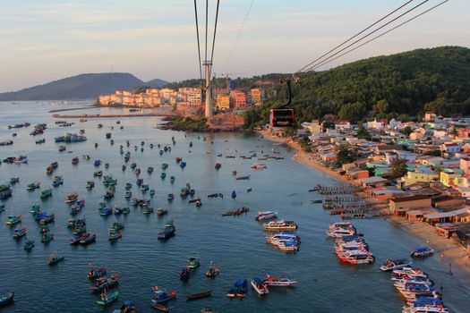 Aerial view of a group of boats at sea in Vietnam, Phu Quoc