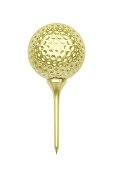 Golden golf ball on tee, isolated on white background