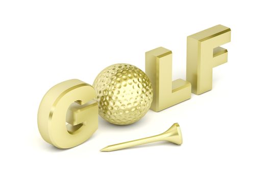 Golf ball and tee with gold color on white background