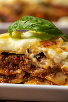 closeup of lasagna with basil