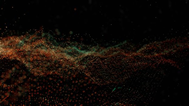 Plexus of abstract orange and green dots on a black background. Loop animations. 3D illustration