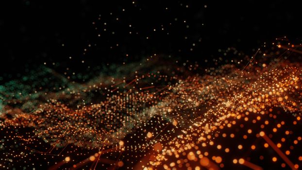 Plexus of abstract orange and green dots on a black background. Loop animations. 3D illustration