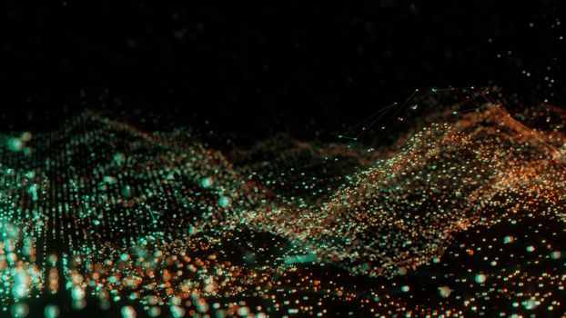 Plexus of abstract orange and green dots on a black background. Loop animations. 3D illustration