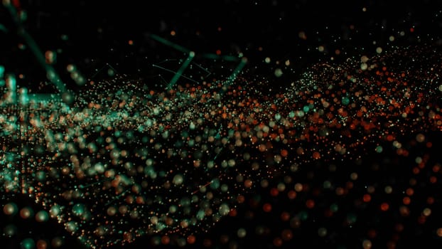 Plexus of abstract orange and green dots on a black background. Loop animations. 3D illustration