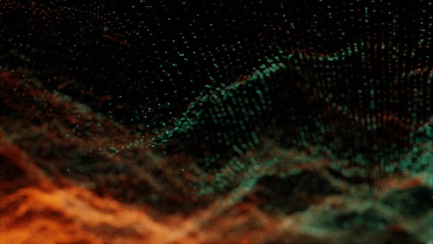 Plexus of abstract orange and green dots on a black background. Loop animations. 3D illustration