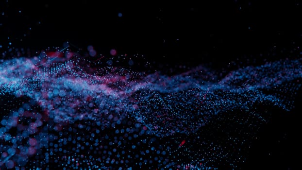 Plexus of abstract red and blue dots on a black background. Loop animations. 3D illustration