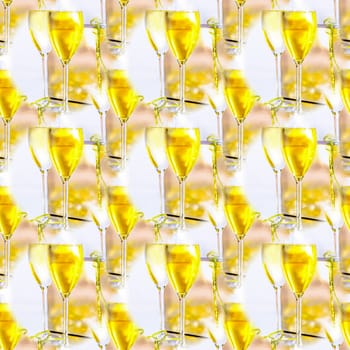 Seamless abstract festive white background with glasses of yellow wine.