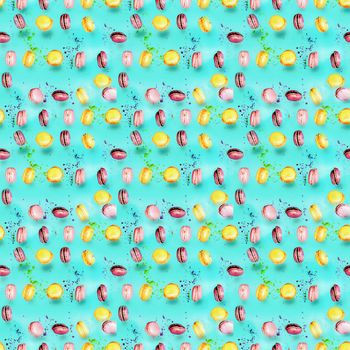 Abstract seamless pattern with flying colored macaroons, holiday concept