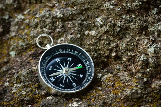 Compass placed on the rock in forest. Closeup and copy space. Concept of jungle adventure travel.