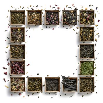 Large assortment of teas in the form of a frame on a white background. The view from the top.