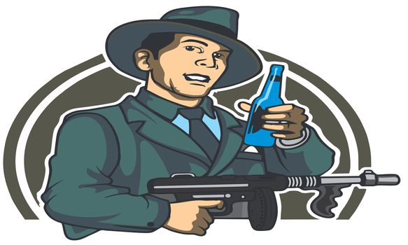a old man carrying a beer bottle and gun to shoot enemy