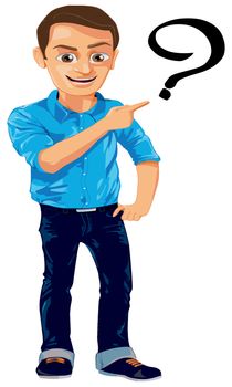 a man pointing towards a question mark